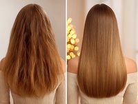 Before and after hair transformation showing frizzy, damaged hair becoming smooth, straight, and glossy with professional treatment. Hair care results for advertising.