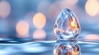 Crystal clear water drop in egg shape floating above reflective surface with soft bokeh lights creating dreamy atmosphere in blue and orange tones.