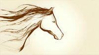 Elegant brown horse head profile with flowing mane against beige background, artistic minimalist line drawing style for equestrian designs.