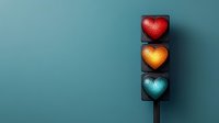 Heart-shaped traffic lights in red, yellow and blue colors against teal background, creative minimal love concept for Valentine's day cards and relationship status.