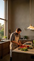 Bearded Caucasian man in apron preparing fresh vegetables in modern kitchen during golden hour sunset with warm pendant lighting and natural window light.