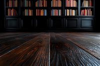 Dark wooden floor planks in foreground with vintage black bookshelf filled with colorful books in background, creating moody library atmosphere with dramatic lighting.