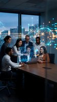 Diverse business team collaborating with holographic data visualization and digital analytics in modern conference room for strategic planning and innovation.