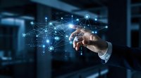 Businessman touching digital network connections with glowing nodes and data visualization in modern office environment for technology concepts.