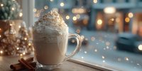 Hot chocolate with whipped cream and cinnamon in glass mug on wooden table with warm bokeh lights creating cozy winter holiday atmosphere.