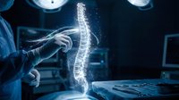 Medical professional examining holographic spine model in modern healthcare technology environment for diagnostic and educational purposes.