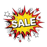 Comic book style sale explosion burst with yellow center and red flames on white background for promotional marketing campaigns and retail advertising.