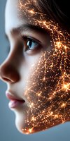 Close-up profile view of young woman with blue eyes and glowing golden light particles and sparkles creating magical effect on skin, suitable for beauty industry.