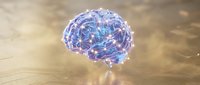 Digital brain with glowing neural networks and electric connections floating above reflective surface for medical and technology concepts.