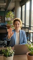Professional businesswoman waving hello during video call in modern office workspace with plants and natural lighting for remote work communication.