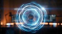 Futuristic holographic soccer ball with glowing blue energy rings and light trails floating in digital space for sports technology concepts.