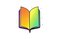 Open book with vibrant rainbow gradient pages and simple outline style on white background, colorful splatter accents around edges. Isolated design element.