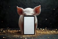 Cute piglet holding blank smartphone screen on dark background with golden glitter, mockup for app or mobile content presentation. Digital marketing concept.