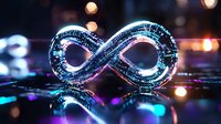 Glowing infinity symbol with digital pattern and light effects on dark reflective surface amid colorful bokeh lights creating futuristic technological atmosphere.