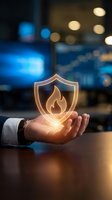 Businessman hand holding glowing fire shield protection symbol in modern office environment representing security insurance and risk management solutions.