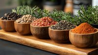 Aromatic spices and peppercorns in wooden bowls on serving board, fresh herbs, ground paprika powder, pink salt and dried seasonings for cooking.
