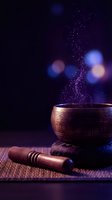 Ornate copper singing bowl with wooden striker on woven mat releasing magical sparkling particles against dark purple background with bokeh lights.
