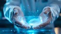 Glowing blue holographic sphere floating between protective gloved hands in scientific laboratory setting, magical energy visualization with particle effects.