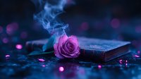 Mystical pink rose with rising smoke on vintage book against dark background with purple bokeh lights and scattered petals creates magical atmosphere.