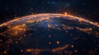 Glowing network connections across curved Earth surface at night with illuminated cities and digital data streams shown by orange light trails.