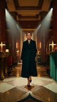 Professional businesswoman in elegant black coat standing confidently in luxurious hotel lobby with marble floors and golden lighting for corporate concepts.