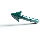 Green metallic arrow pointing left on white background, casting soft shadow. Minimalist design element isolated and ready for graphic projects.