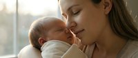 Young Caucasian mother tenderly holding newborn baby in soft natural light, intimate bonding moment for parenting and family lifestyle content.