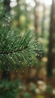 Fresh pine branch with morning dew drops in soft focus forest background. Natural evergreen foliage with water droplets for seasonal and nature concepts.