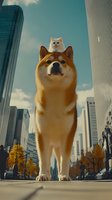 Surreal composition of white cat sitting on Shiba Inu dog's head against urban cityscape background with skyscrapers and autumn trees. Low angle dramatic view.