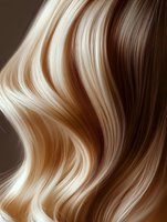 Flowing waves of blonde and brown hair strands creating smooth gradient texture with glossy highlights against dark background for beauty and fashion designs.