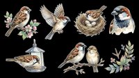 Sparrow bird clipart set isolated on transparent background, featuring perching, flying, nesting, and feeding scenes, ready for stickers, t-shirt design, and print on demand.