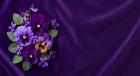Purple and violet pansy flowers with green leaves arranged on rich dark purple satin fabric, copy space for text or design.