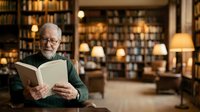 Senior man with glasses reading book in home library with warm lighting and bookshelves. Suitable for education, literature, retirement, and lifestyle content.