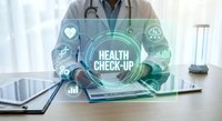 Doctor using digital health technology interface for medical checkup with holographic healthcare icons and data visualization on tablet device.