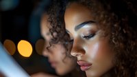 Young African American woman with curly hair in profile view against blurred bokeh lights background, showing natural makeup and peaceful expression.