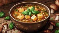 Hot mushroom soup with tofu cubes, fresh basil leaves and rice in brown ceramic bowl on wooden table, surrounded by whole mushrooms and herbs.