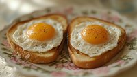 Fried eggs on toasted bread slices served on floral plate, sunny side up breakfast meal with golden yolks and crispy edges for morning dining concepts.