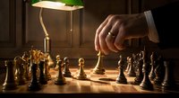 Strategic chess game with businessman hand moving piece under warm desk lamp light creating dramatic shadows on wooden board for business planning concepts.