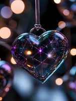 Glass heart ornament with colorful light reflections and bokeh background creates magical holiday atmosphere. Delicate crystal decoration sparkles with purple and blue hues.