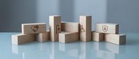 Wooden blocks with security icons arranged on reflective surface representing data protection, cybersecurity concepts and digital safety solutions.