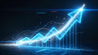 Glowing blue arrow and bar chart showing upward growth trend with digital light effects on dark background for business success presentations.
