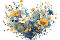 Beautiful wildflower bouquet with yellow and white flowers in watercolor style, featuring daisies and botanical elements in blue tones, perfect for wedding invitations and home decor.