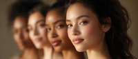 Diverse young women with natural makeup and glowing skin stand in line, faces illuminated with warm lighting, showcasing beauty and confidence in studio setting.