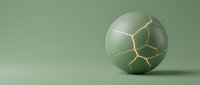 Cracked sphere with golden lines on muted sage green background, representing broken connections, network failure, or abstract technology concepts for design projects.