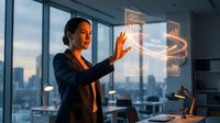 Professional businesswoman interacting with futuristic holographic interface displaying data analytics in modern office environment for technology presentations.