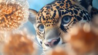 Close-up portrait of jaguar with blue eyes peeking through golden autumn foliage against blurred turquoise background.