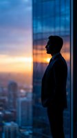 Silhouette of businessman in suit standing by office window at sunset overlooking city skyline for corporate leadership and success concepts.
