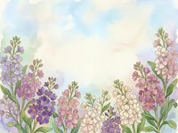 Watercolor floral background with purple, pink, and white blooming flowers, soft pastel sky, copy space for text, spring greeting card.