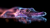 Glowing wireframe crocodile head in dark background with neon pink and blue lighting effects creating dramatic digital art visualization with reflection.