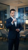 Professional businessman interacting with holographic compliance dashboard interface in modern office environment for business technology presentations.